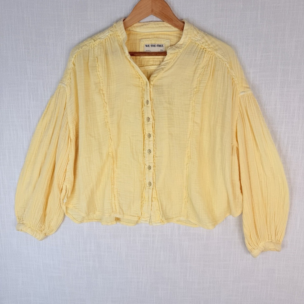 Free People We the Free Cotton Button Down Shirt Relaxed V Neck Yellow XS Boho